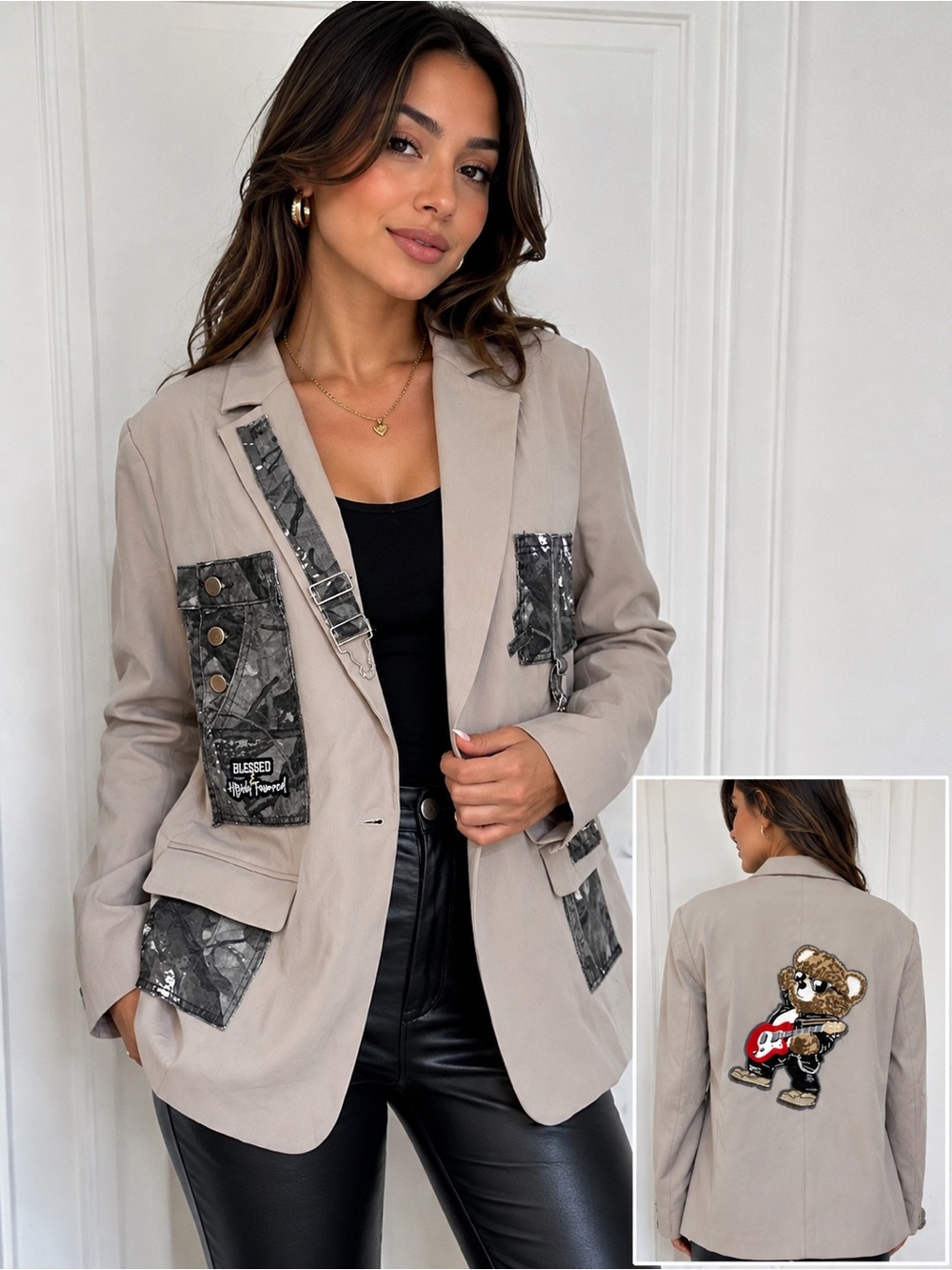Upcycled Beige Embroidered Teddy Patch back Blazer size 16